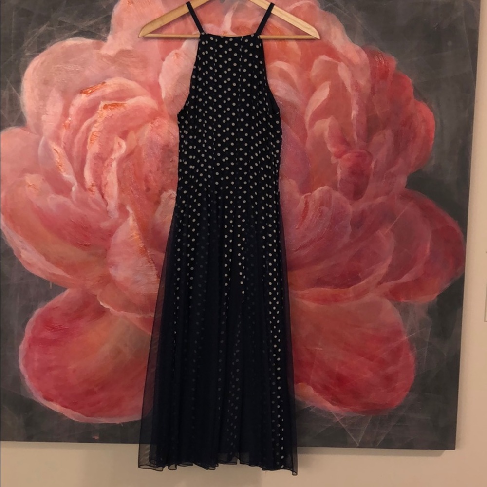 Navy and white polka dot dress